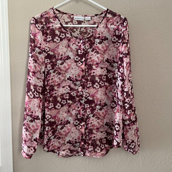 Liz Claiborne Purple Pink white Floral Blouse Sheer Women's Size Small - Picture 1 of 6